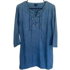 Talbots Denim Dress Blue Lace Up Eyelet 3/4 Sleeve Casual Sz 8‎